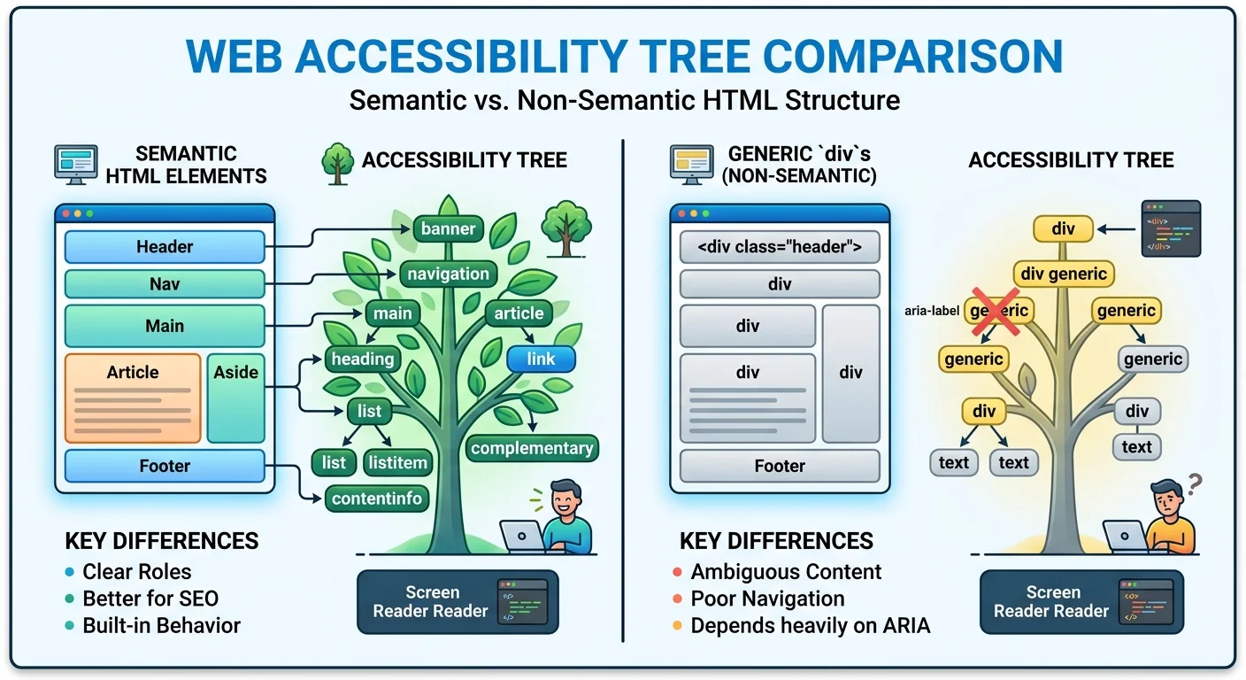 Accessibility tree comparison showing semantic HTML landmarks versus empty generic div nodes