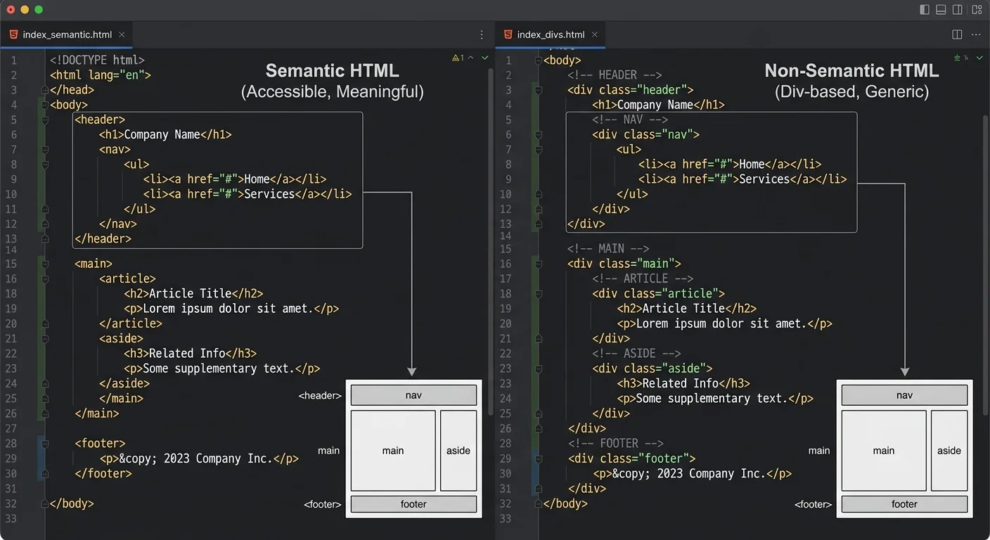 Code comparison of semantic HTML using nav, main, article, and footer elements versus equivalent layout using only div elements with class names