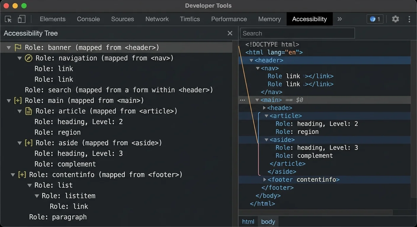 Screenshot of Chrome DevTools accessibility tree displaying HTML5 semantic landmark roles