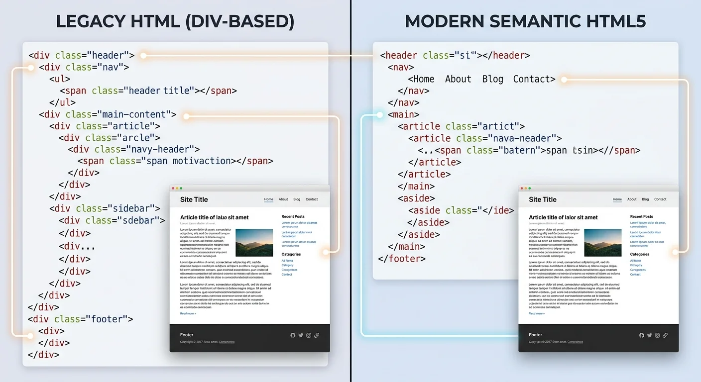 Code comparison of non-semantic div-based layout versus semantic HTML5 layout