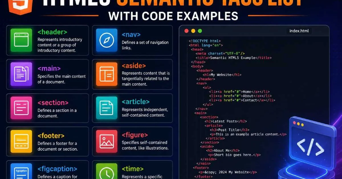 HTML5 Semantic Tags List With Code Examples